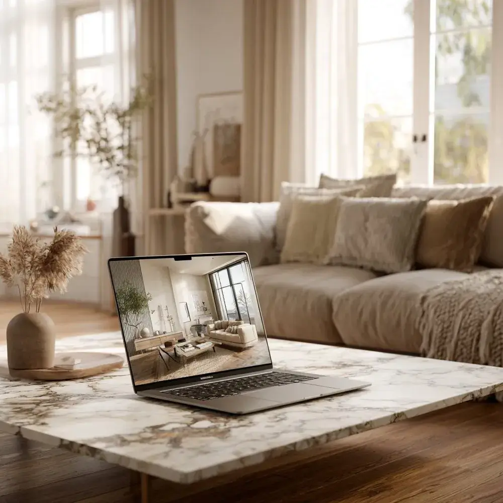 Laptop showing a room design on a marble coffee table in a beautifully lit living room