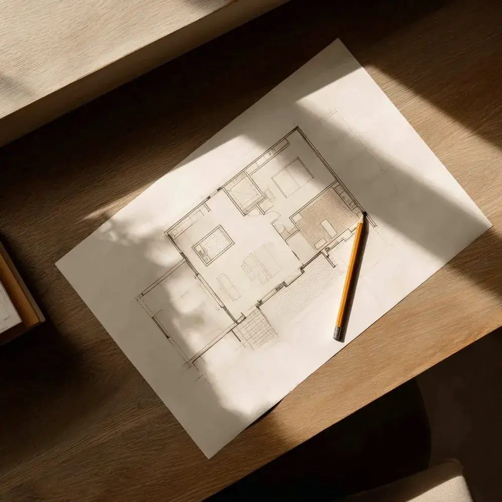 Architectural floor plan blueprint on a wooden desk with a pencil