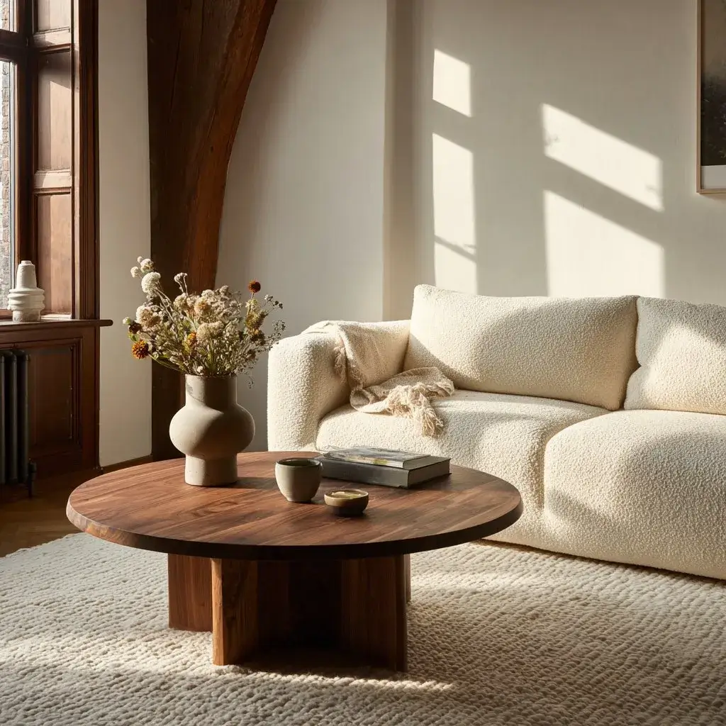 A round walnut coffee table proportioned at roughly two-thirds the sofa width.