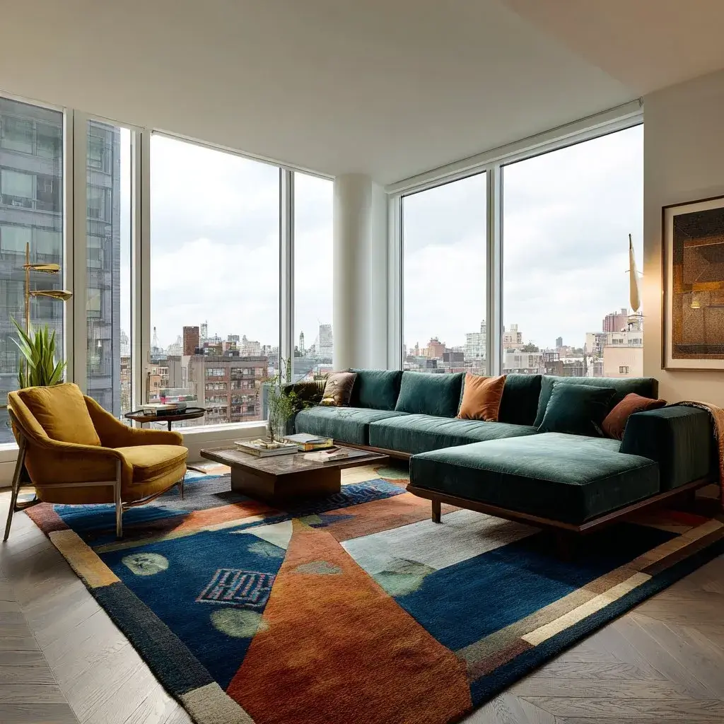 A large statement rug anchoring a full living room — all seating sharing the same foundation.