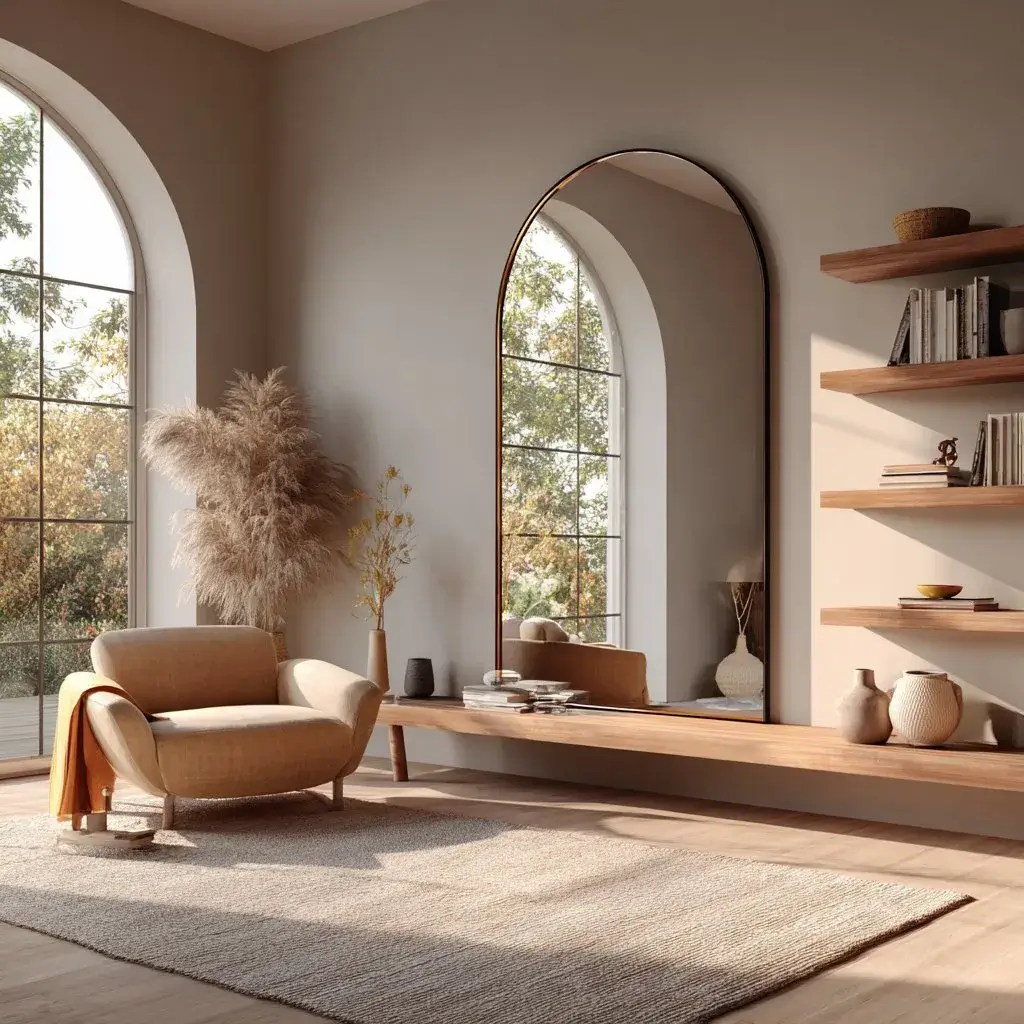 A tall arch mirror positioned to reflect natural light from the window opposite.