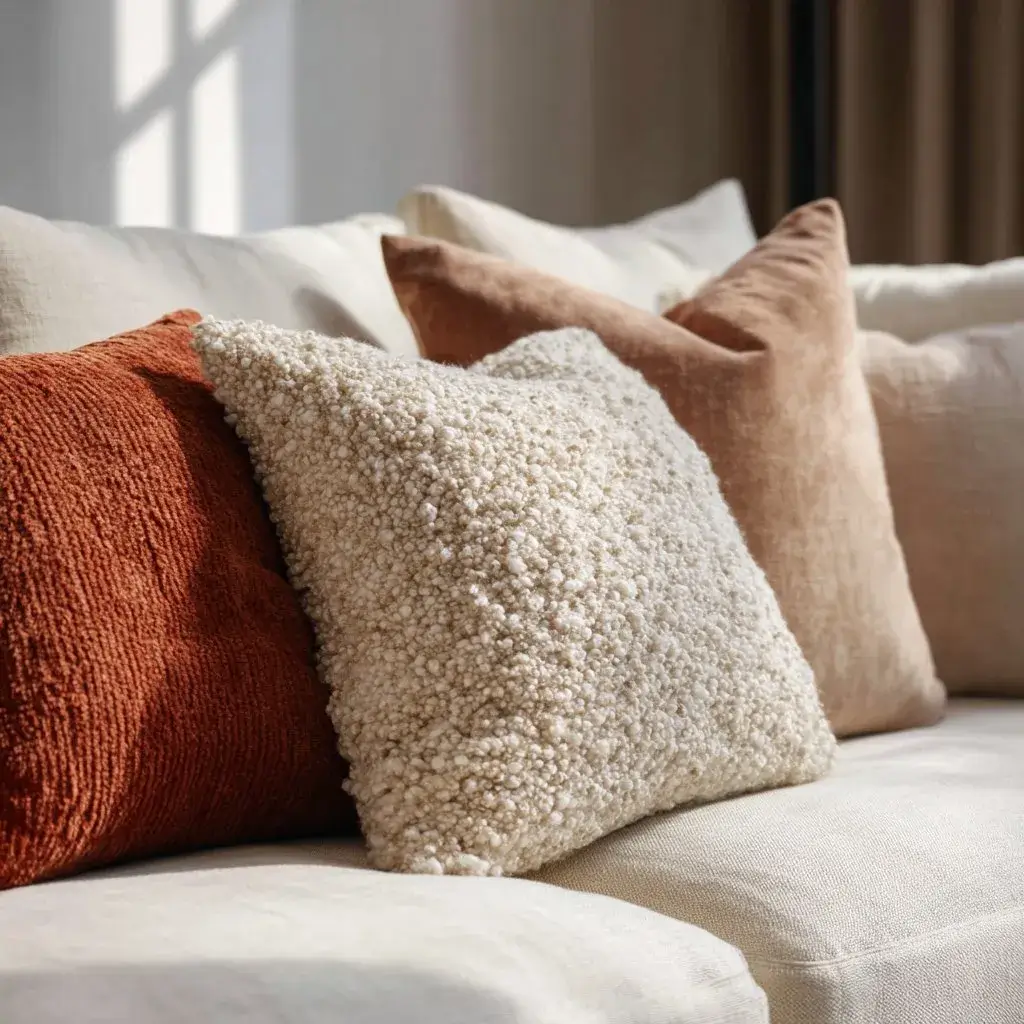 Three textured throw pillows — boucle, ribbed cotton, and suede — layered on a cream linen sofa.