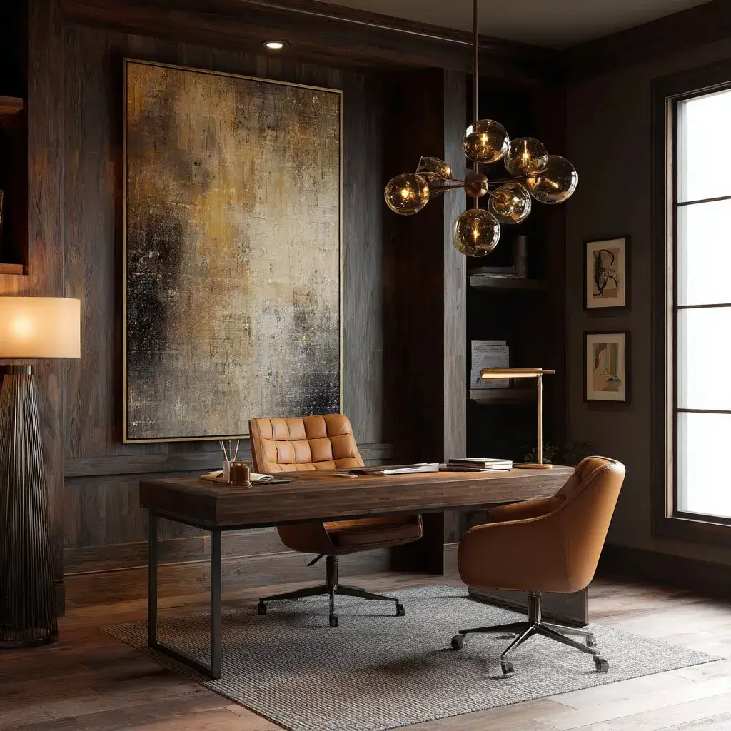 A home office with three distinct light sources creating depth and atmosphere.