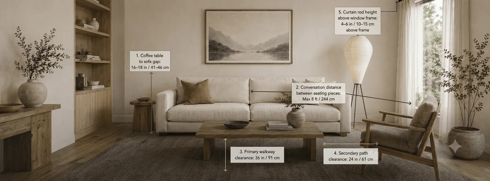 A warm, well-proportioned living room with clear furniture-spacing annotations