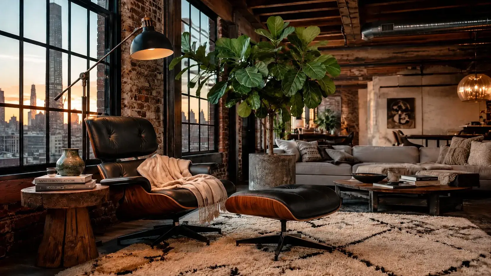 An Eames lounge chair and ottoman in a beautifully designed loft living room at sunset