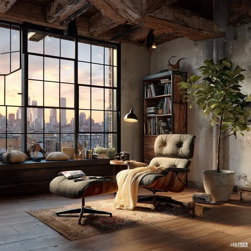 Eames lounge chair in an industrial loft corner with city views