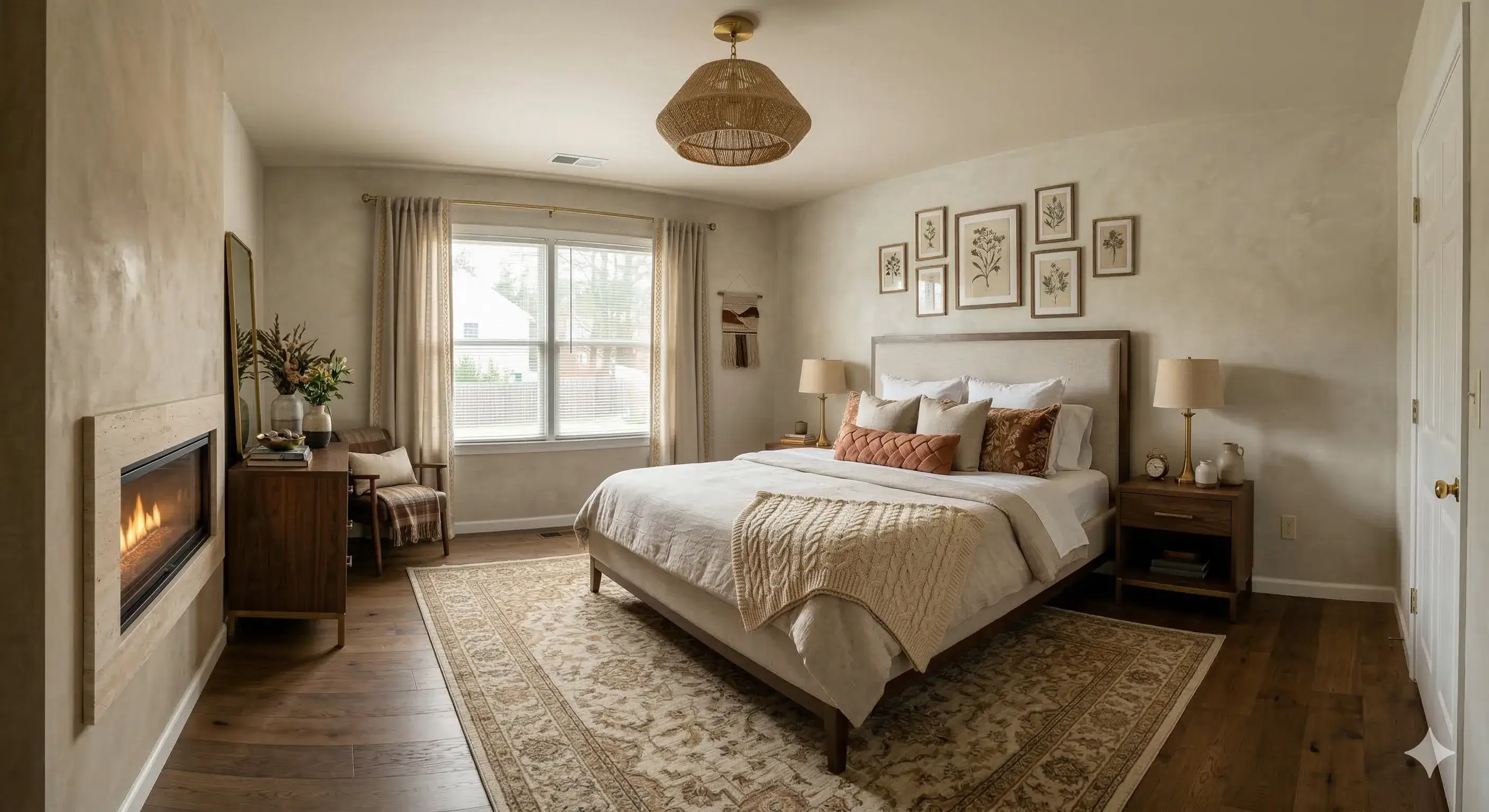Same bed frame. Warm transitional redesign around it.