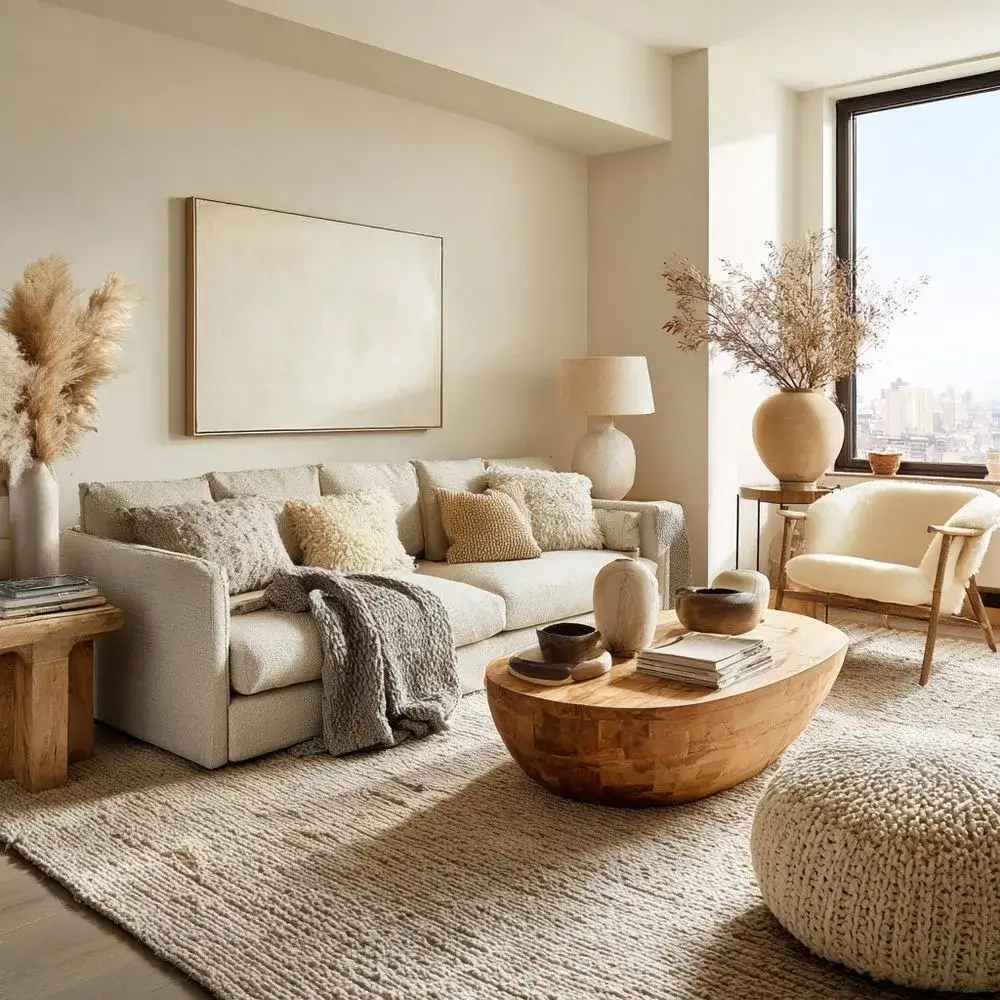 A warm minimalist living room rich in texture — chunky textured fabric sofa, jute rug, ceramic lamp