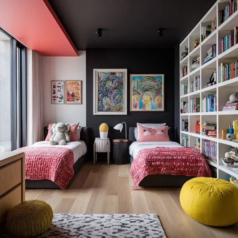 A shared children's bedroom with two distinct zones — one maximalist, one calm and minimal