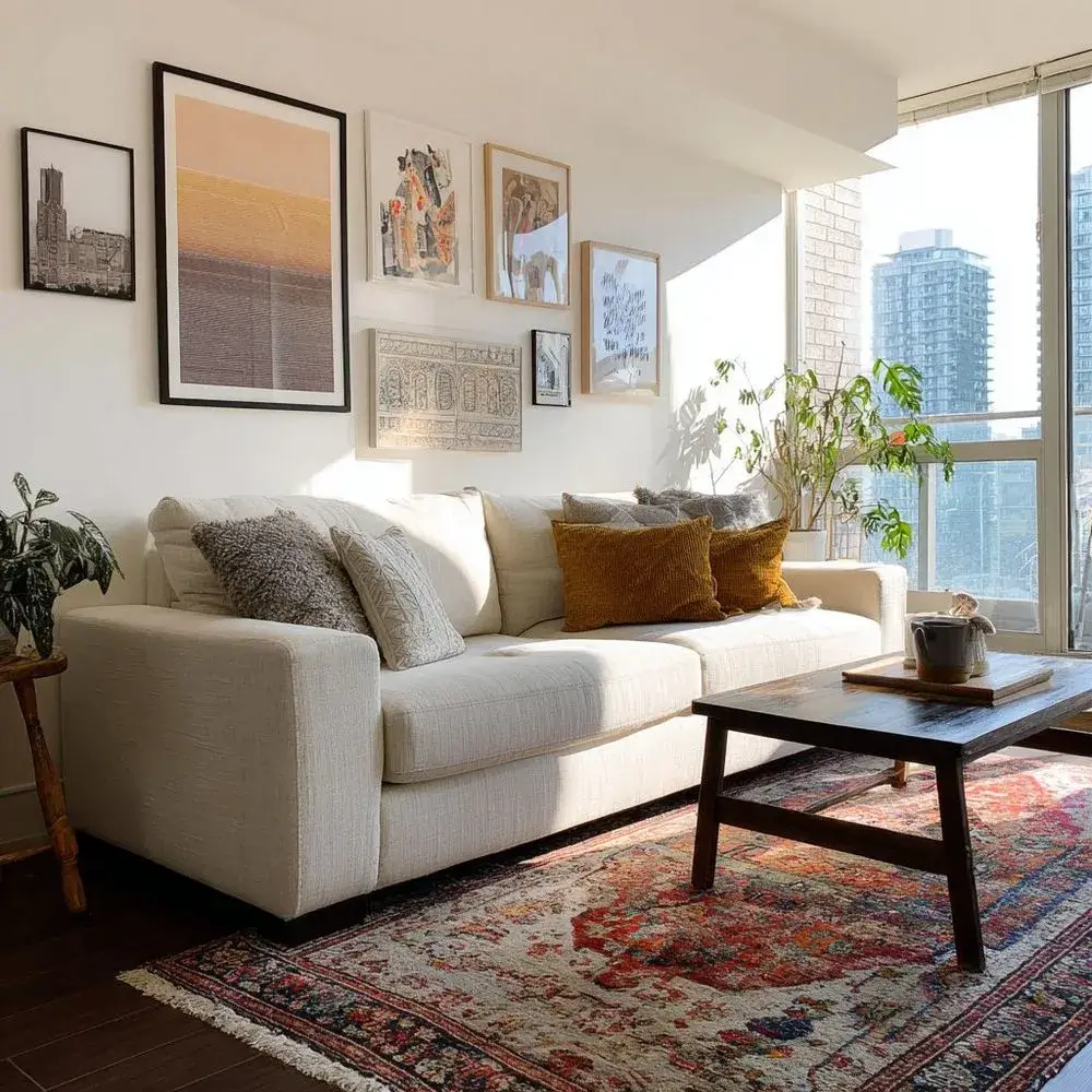A furnished apartment with layered personal touches — art, rug, plants — added over existing neutral furniture