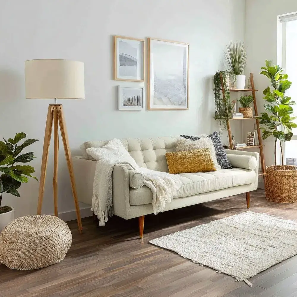 A warm, intentional living room styled entirely with portable, non-permanent pieces