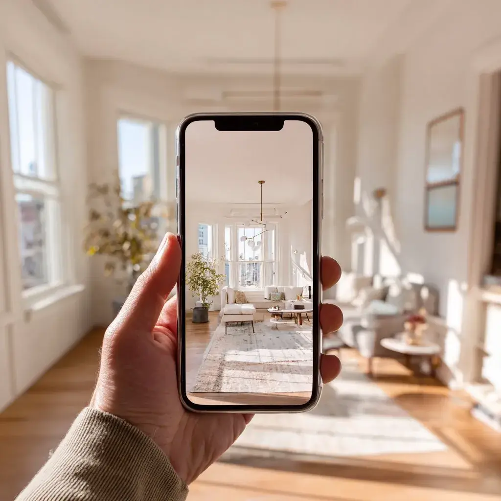 A hand holding a phone showing a beautifully AI-rendered living room, with the real room visible behind it