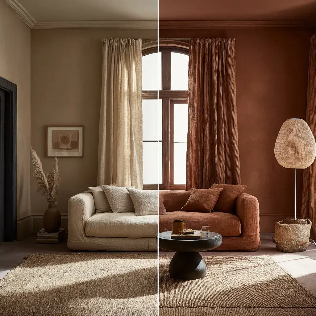 Split image: the same living room shown as a real photo on the left, and as an AI-rendered terracotta version on the right