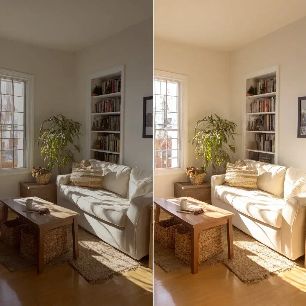 Side-by-side: the same living room photographed in poor light on the left, correctly lit with natural daylight on the right