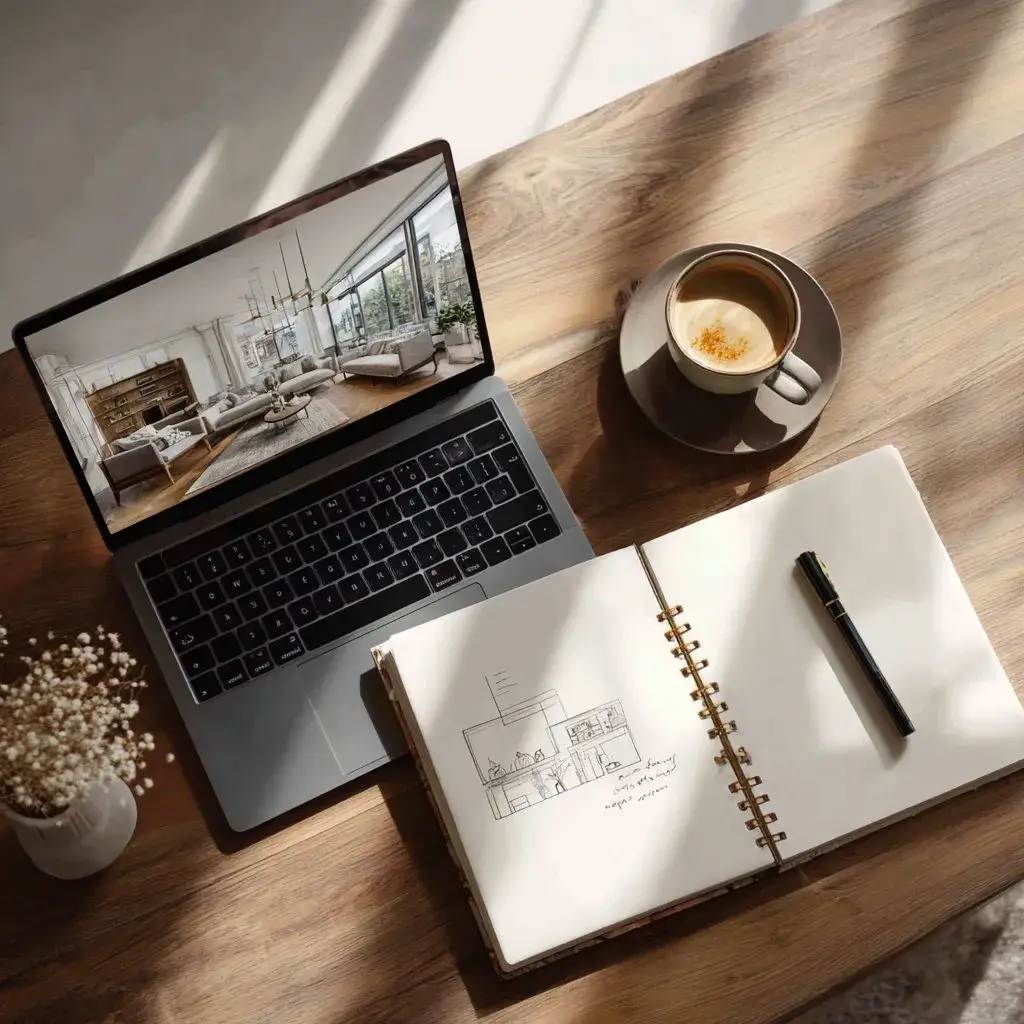 A laptop on a warm wooden desk showing an AI room render on screen, beside an open notebook with a room sketch and a coffee