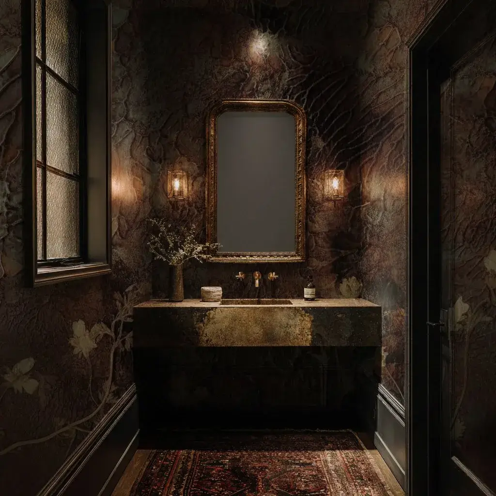A moody jewel-box powder room with dramatic Hysterica wallpaper — swirling dark botanical tones and a vintage brass mirror