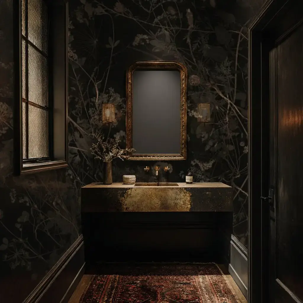 Moody Jewel Box powder room with Black Wreath wallpaper — dark botanical wreath pattern on near-black ground