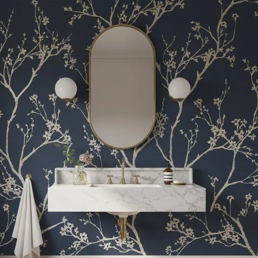 White Traditional powder room with Blue Cherry Blossom wallpaper — navy botanical branches on a dark blue ground