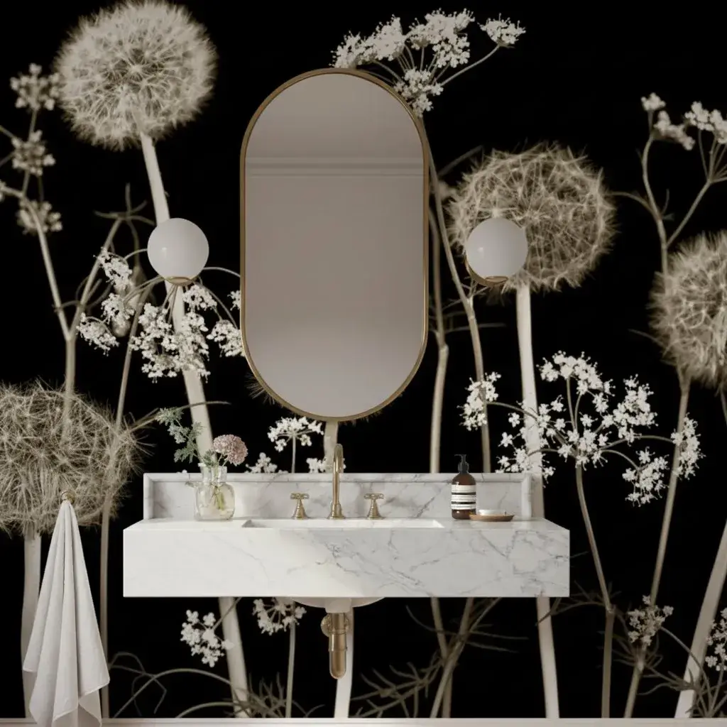 White Traditional powder room with Dandelions wallpaper — oversized dandelion clocks on a pitch-black background