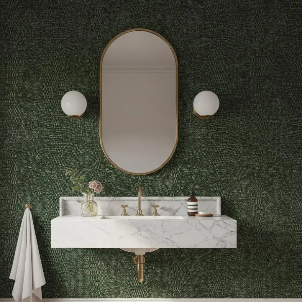 White Traditional powder room with Green Komodo wallpaper — deep emerald crocodile texture