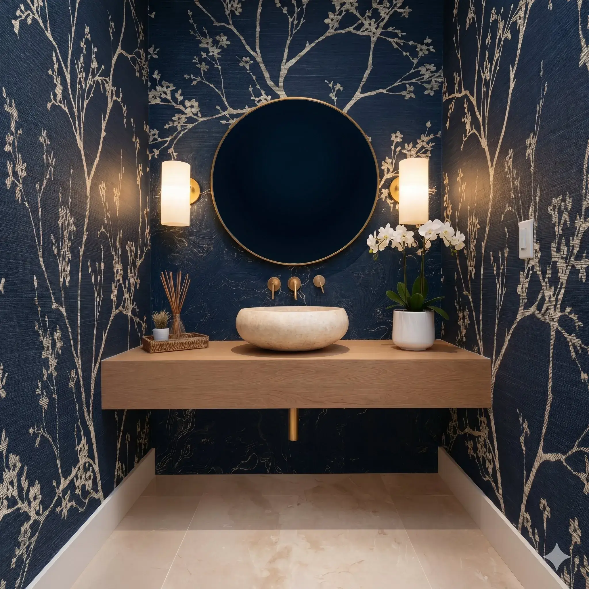Modern Organic powder room with Blue Sisal wallpaper — navy botanical on a textured sisal ground