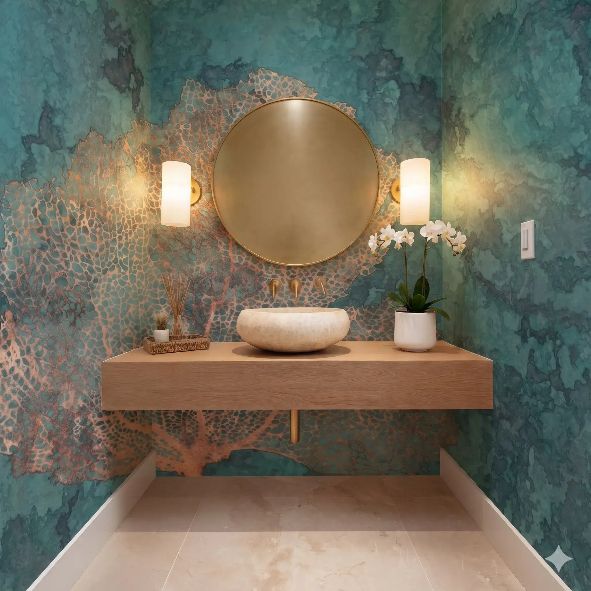 Modern Organic powder room with Coral wallpaper — teal and copper organic coral texture