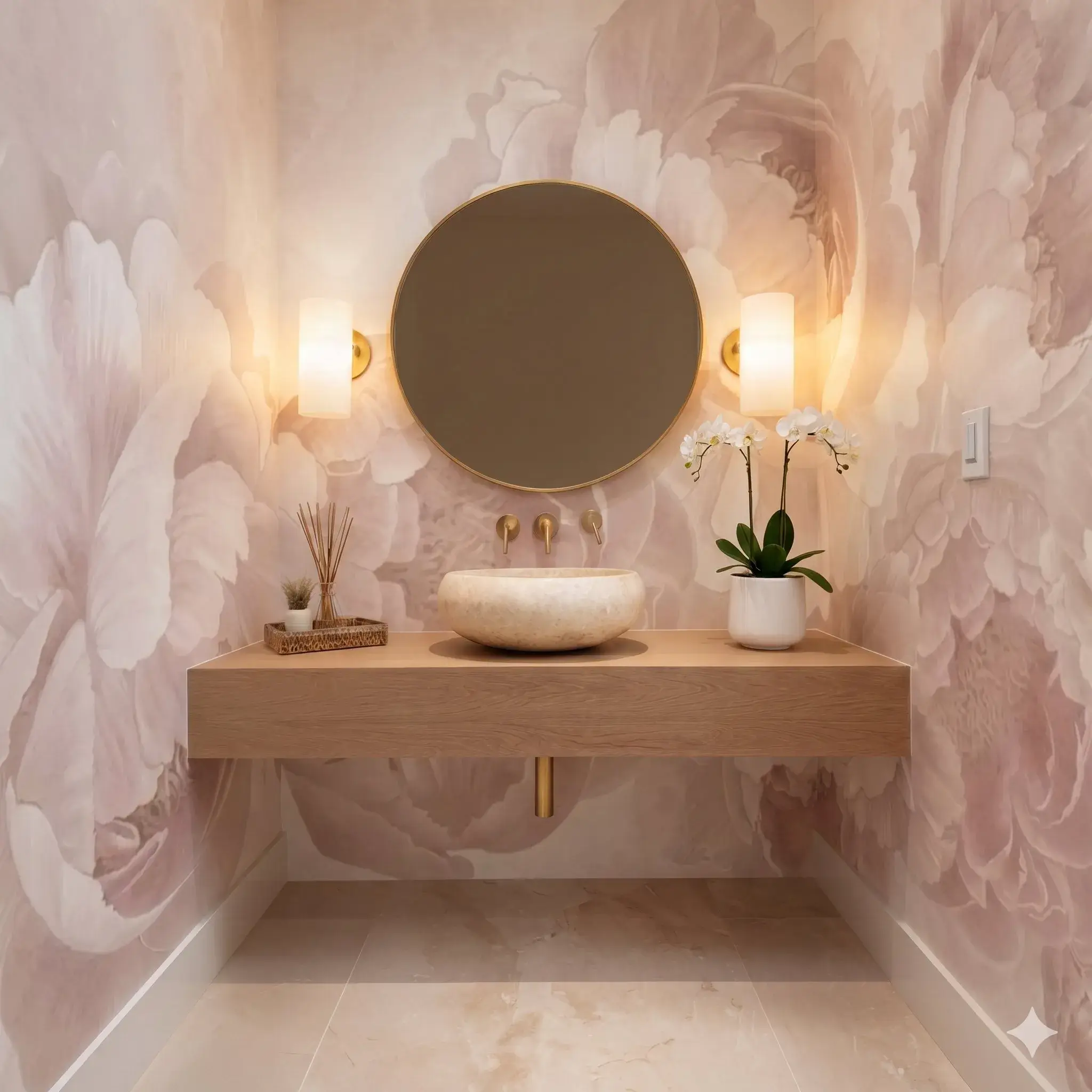 Modern Organic powder room with Peony wallpaper — oversized blush peony mural