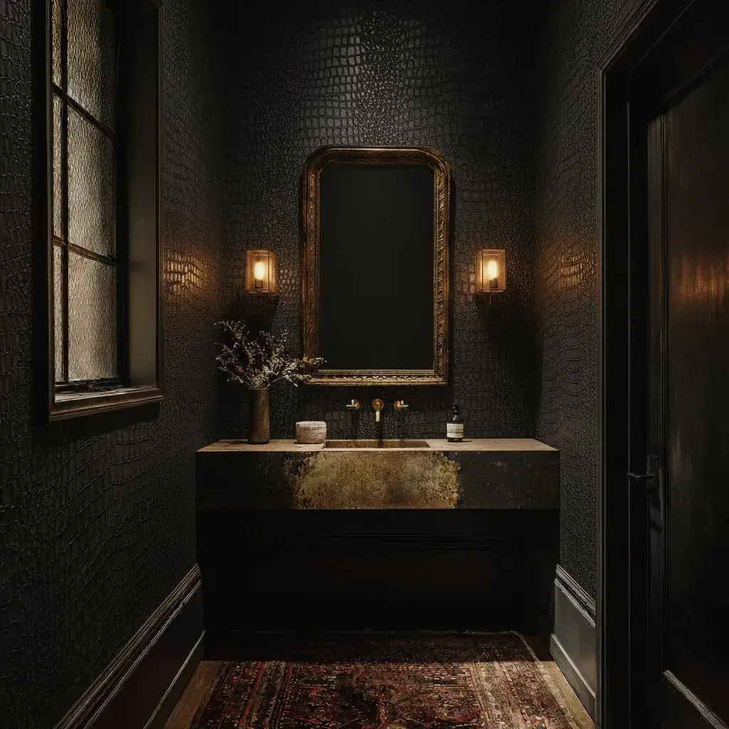 Moody Jewel Box powder room with Black Crocodile wallpaper — all-over black textured crocodile pattern