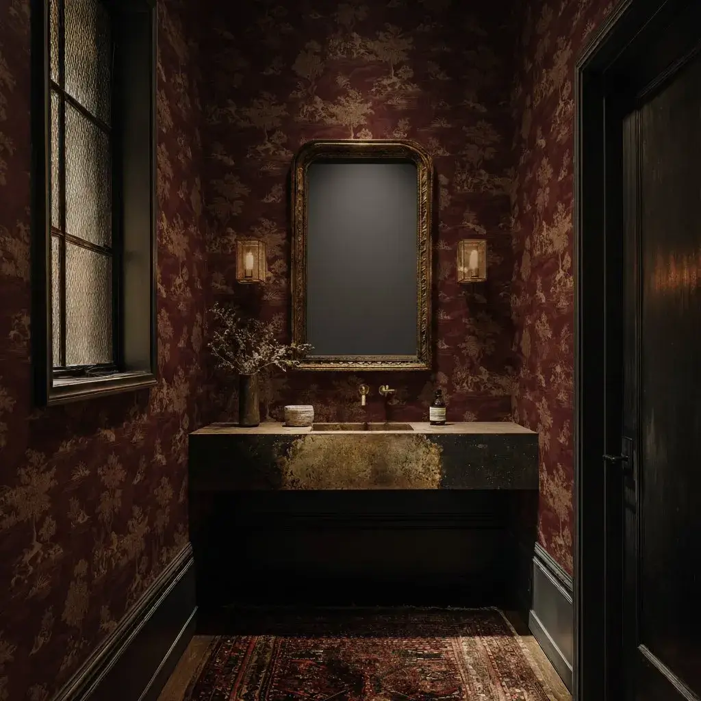 Moody Jewel Box powder room with Dreamscape Red wallpaper — rich burgundy and gold classic scenic print
